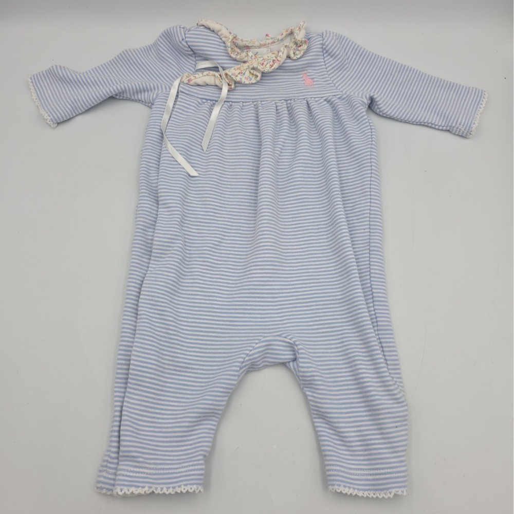 Ralph Lauren Baby Girls Floral Romper Blue/White Striped Long Sleeve 3 Month